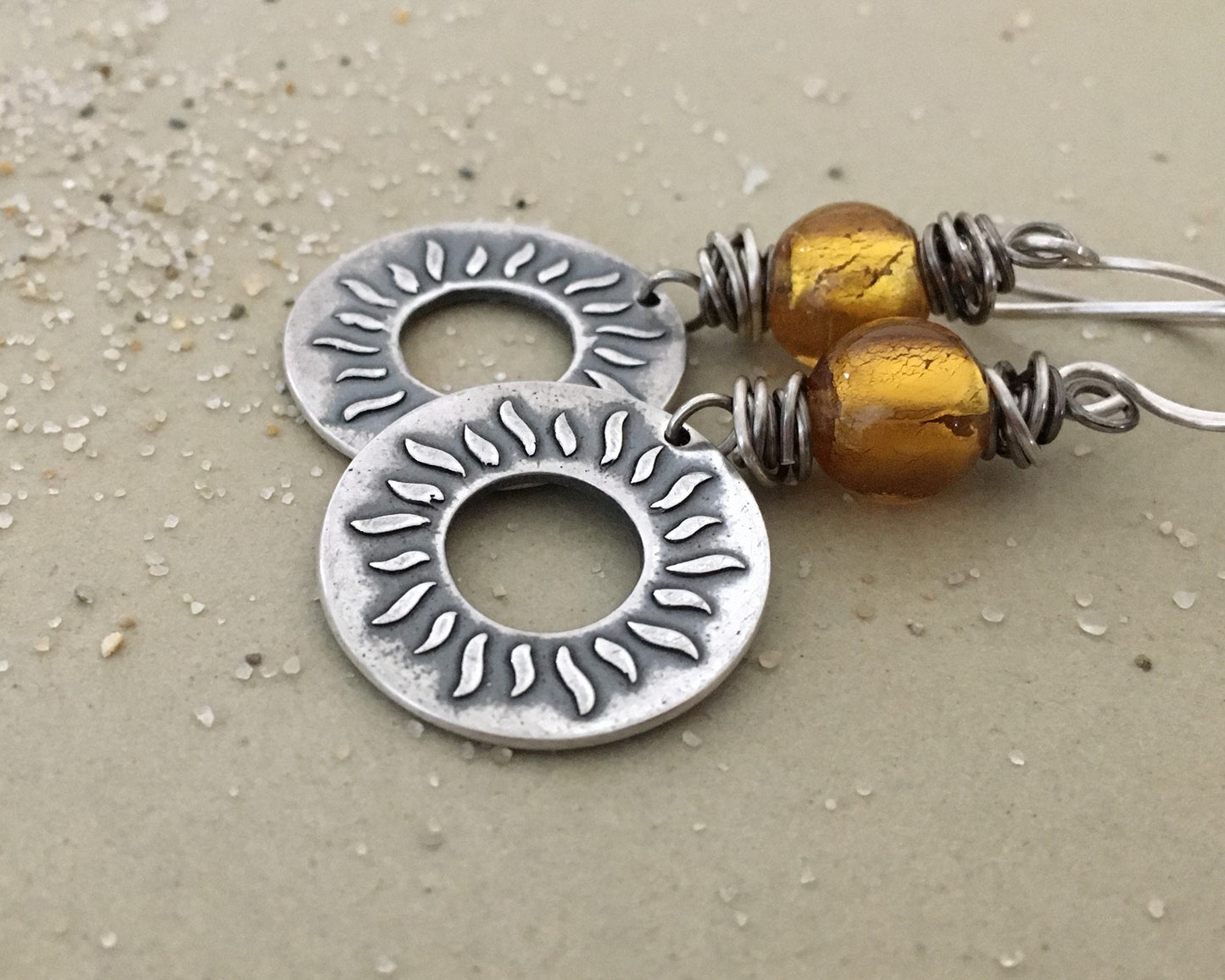 Summer sun earrings in oxidized sterling silver with gold foil glass bead