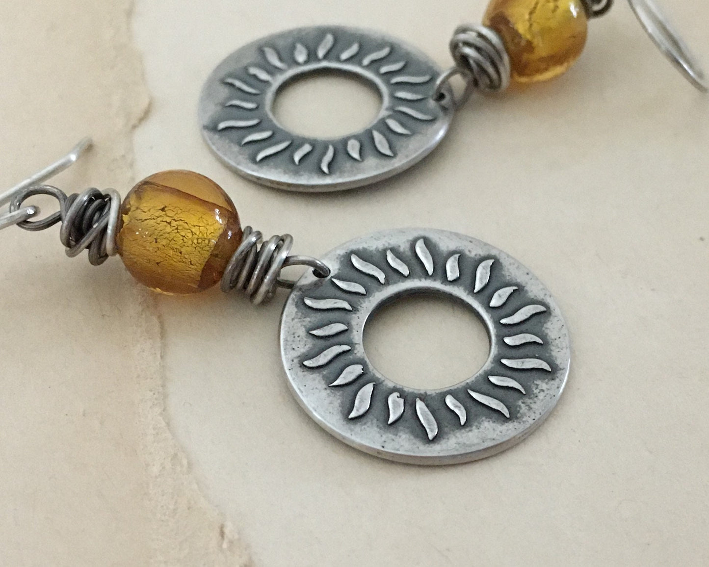 Summer sun earrings in oxidized sterling silver with gold foil glass bead