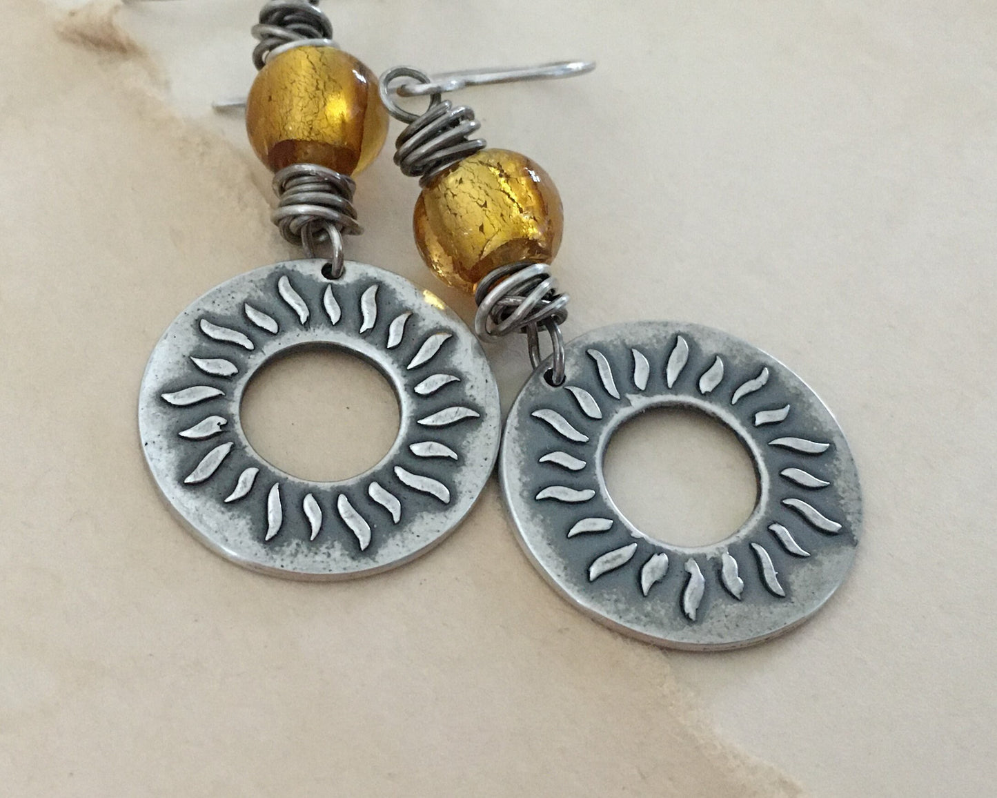 Summer sun earrings in oxidized sterling silver with gold foil glass bead