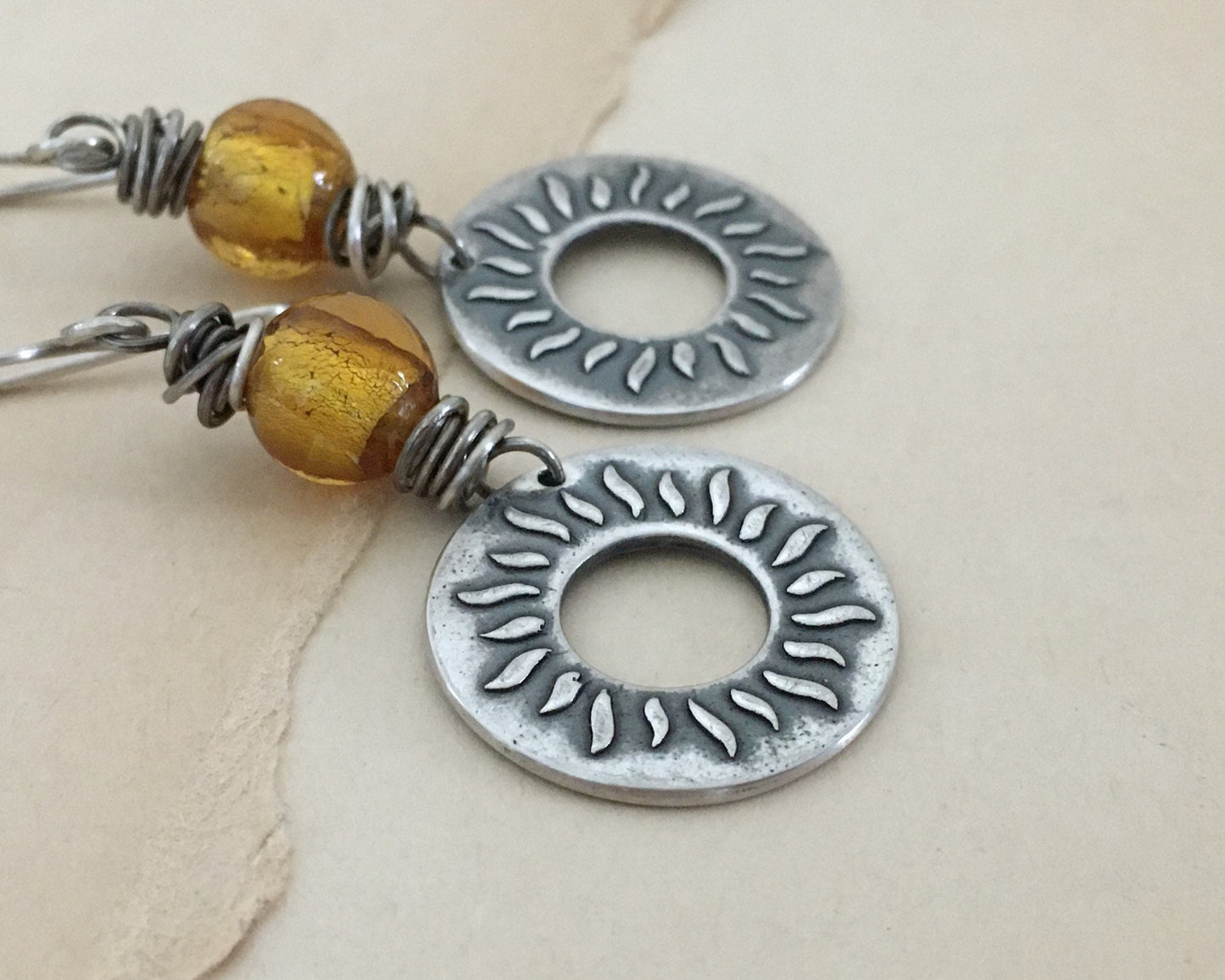 Summer sun earrings in oxidized sterling silver with gold foil glass bead