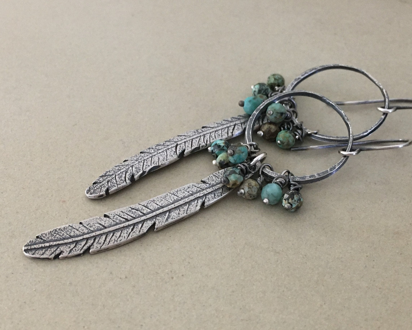 Bohemian silver feather earrings with African turquoise