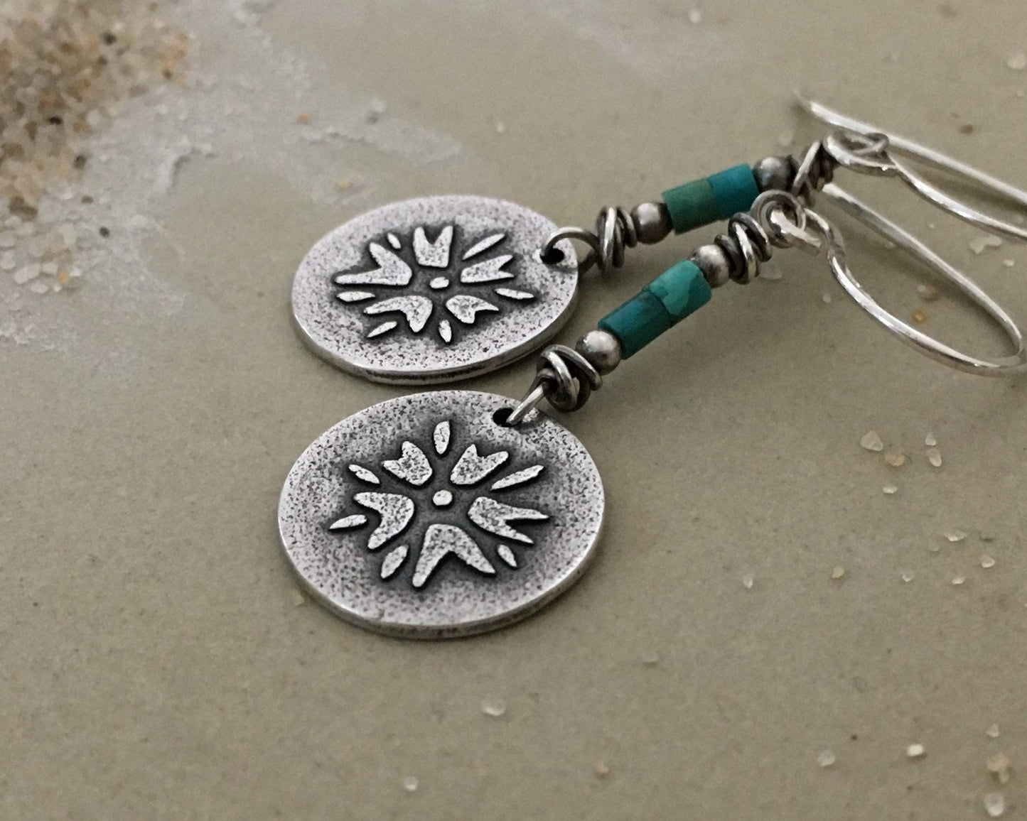 Boho southwestern flower earrings in oxidized sterling silver with turquoise beads
