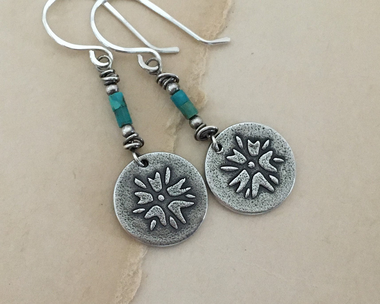 Boho southwestern flower earrings in oxidized sterling silver with turquoise beads
