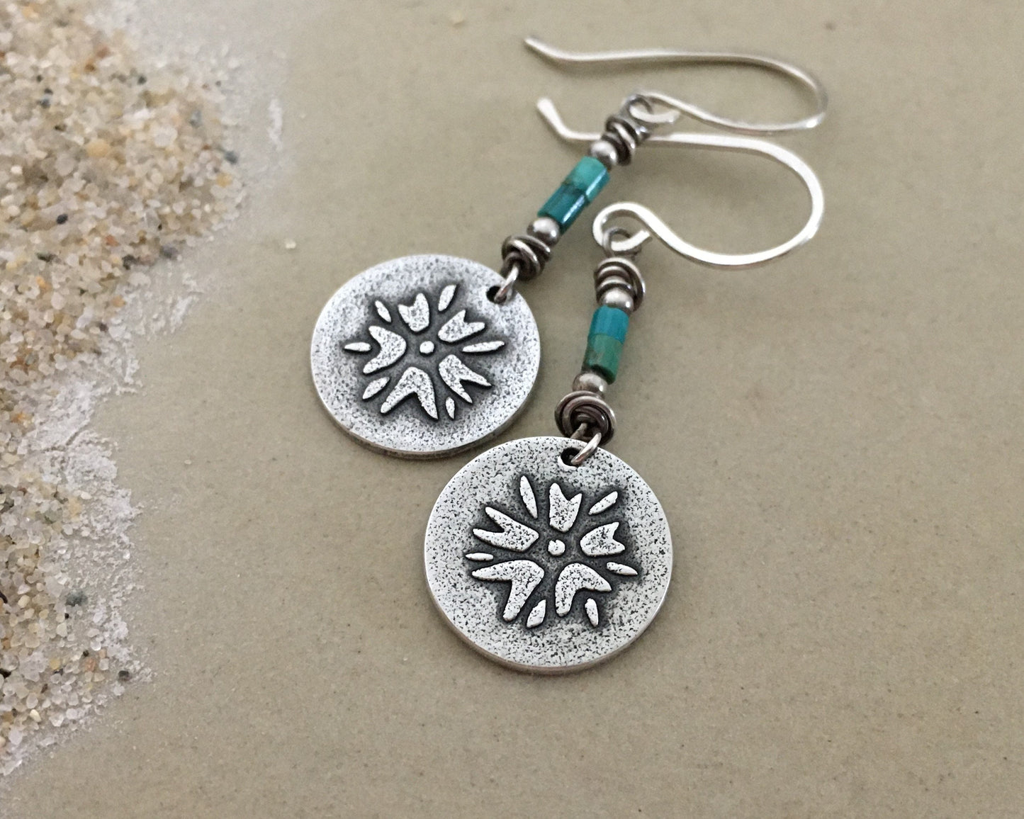 Boho southwestern flower earrings in oxidized sterling silver with turquoise beads