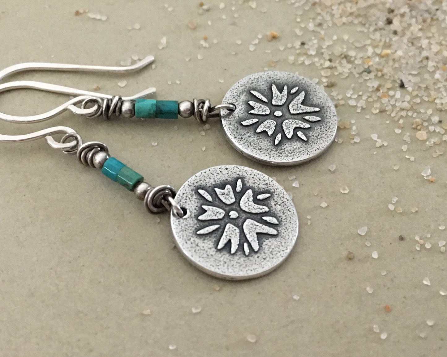Boho southwestern flower earrings in oxidized sterling silver with turquoise beads