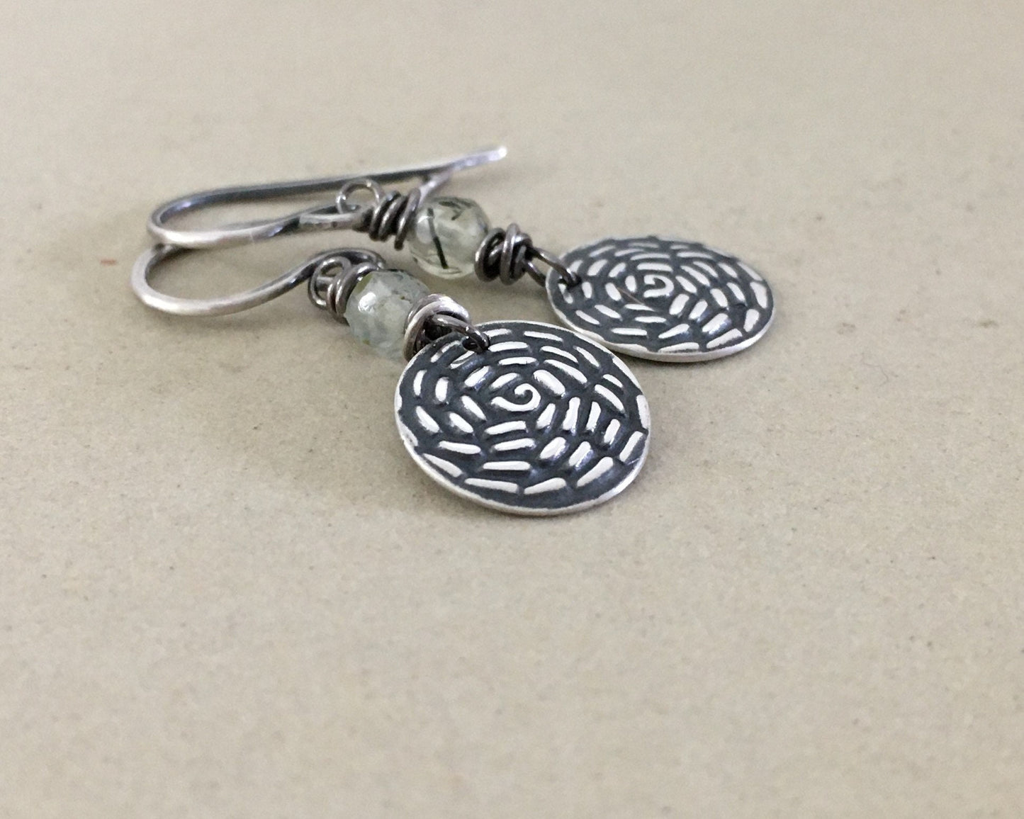 Petite floral silver earrings with prehnite