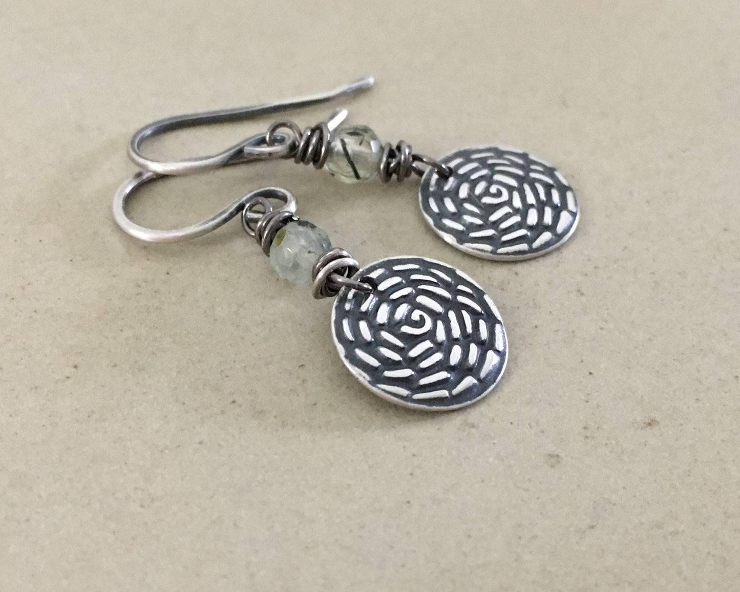 Petite floral silver earrings with prehnite