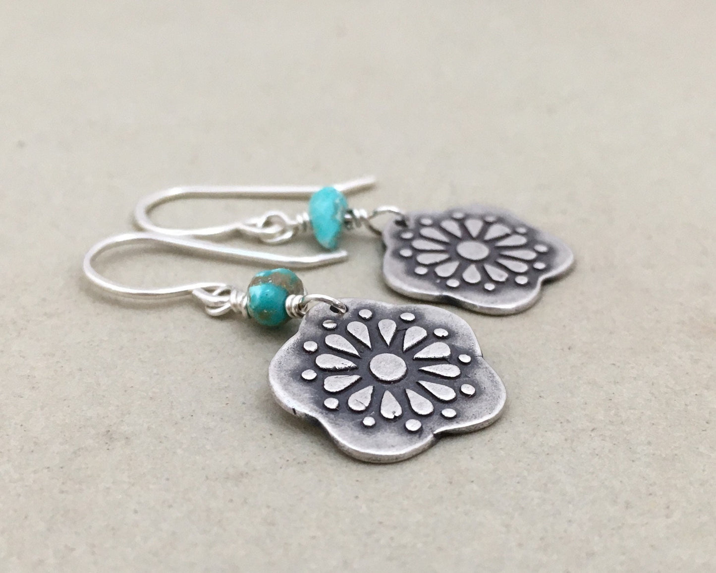 Southwestern style silver & turquoise floral earrings