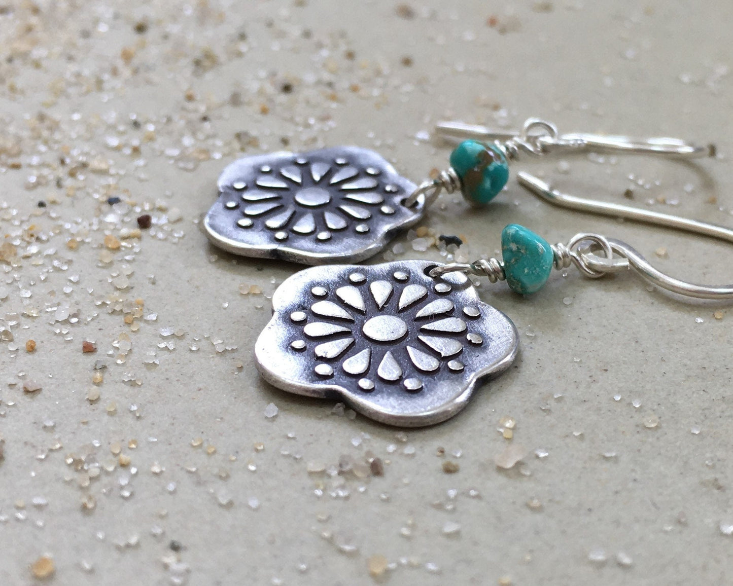Southwestern style silver & turquoise floral earrings