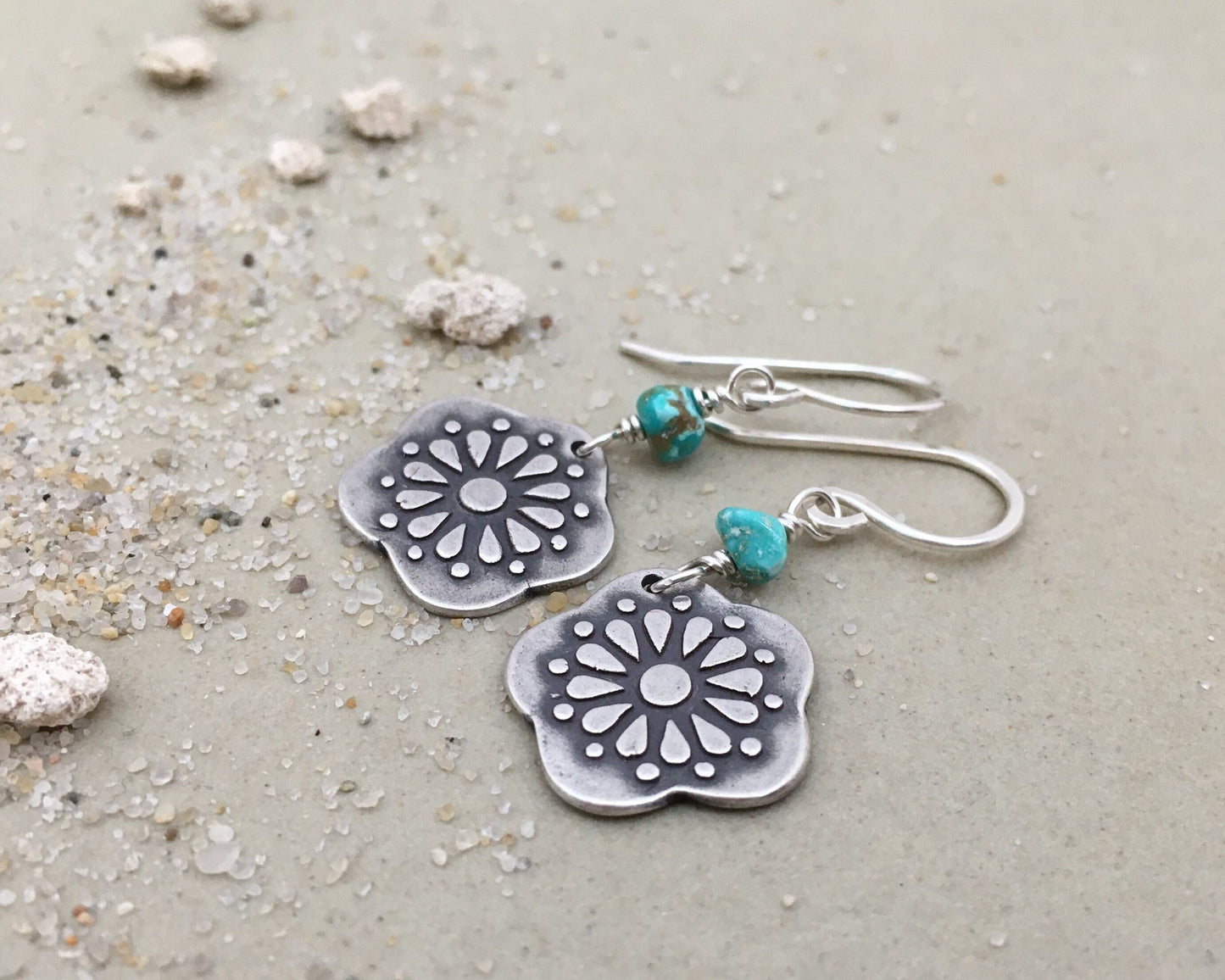 Southwestern style silver & turquoise floral earrings