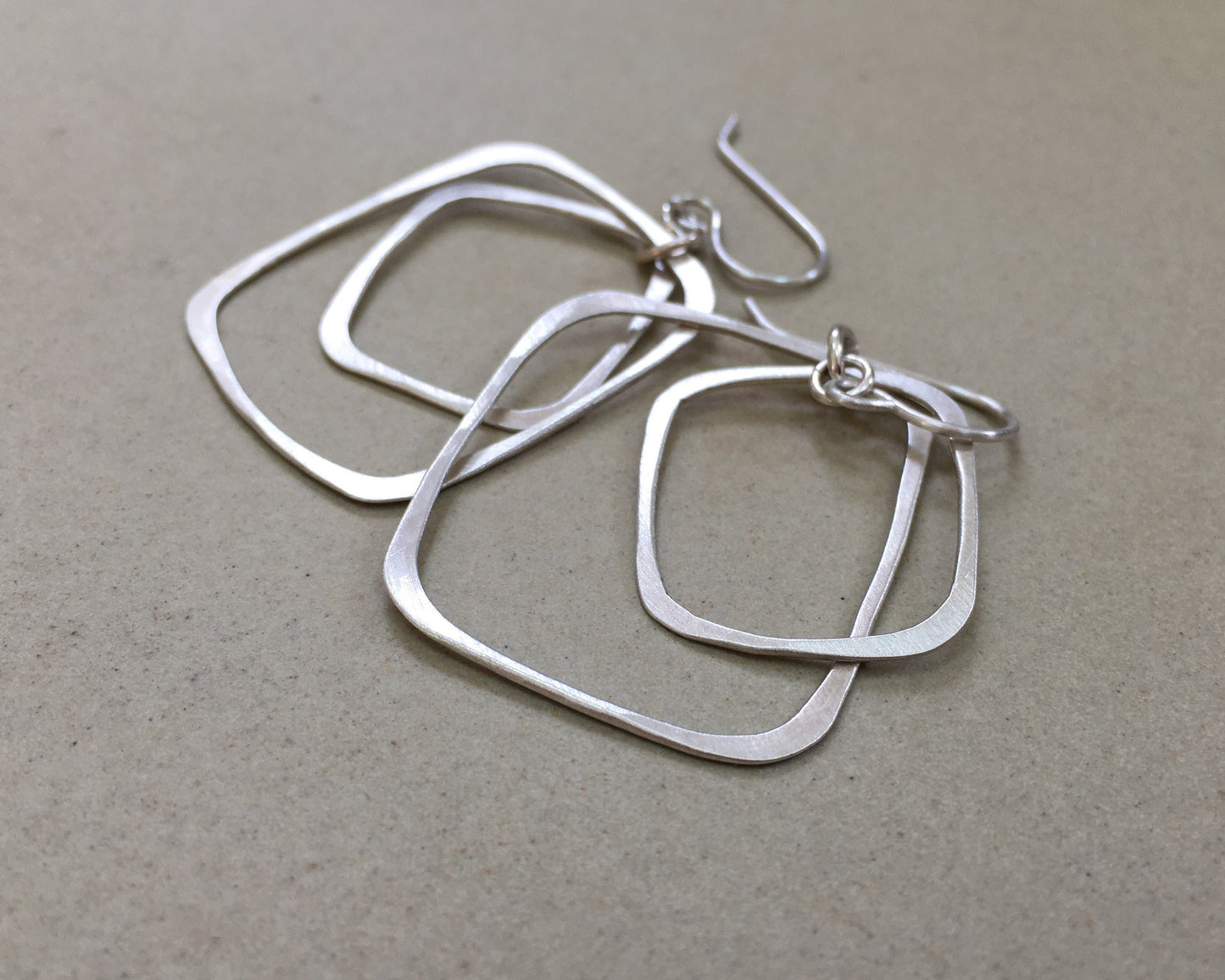 Silver double rectangle hoops in brushed satin finish