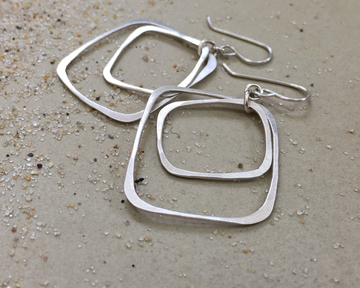 Silver double rectangle hoops in brushed satin finish