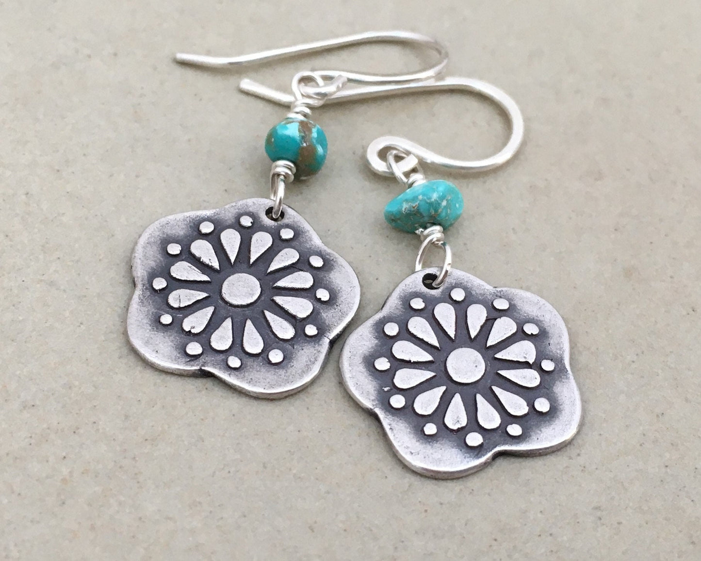 Southwestern style silver & turquoise floral earrings
