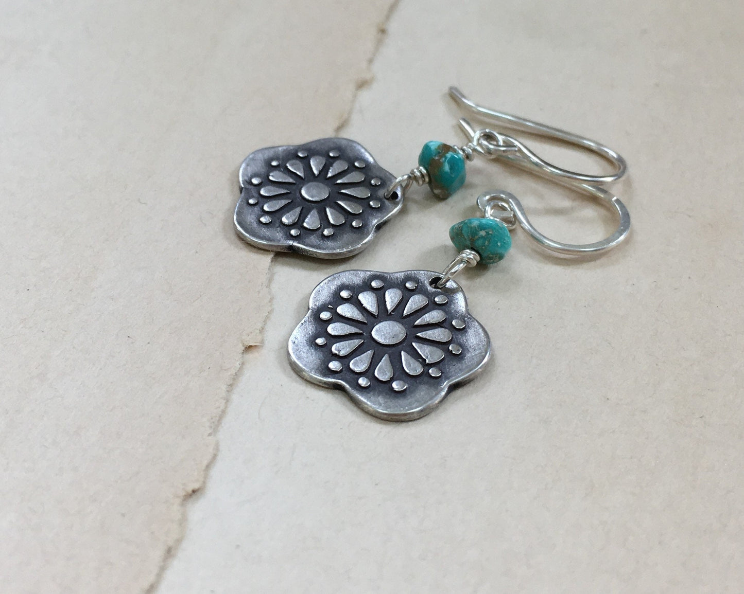 Southwestern style silver & turquoise floral earrings