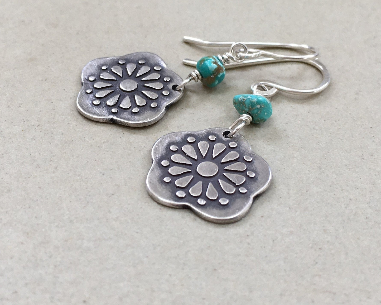 Southwestern style silver & turquoise floral earrings
