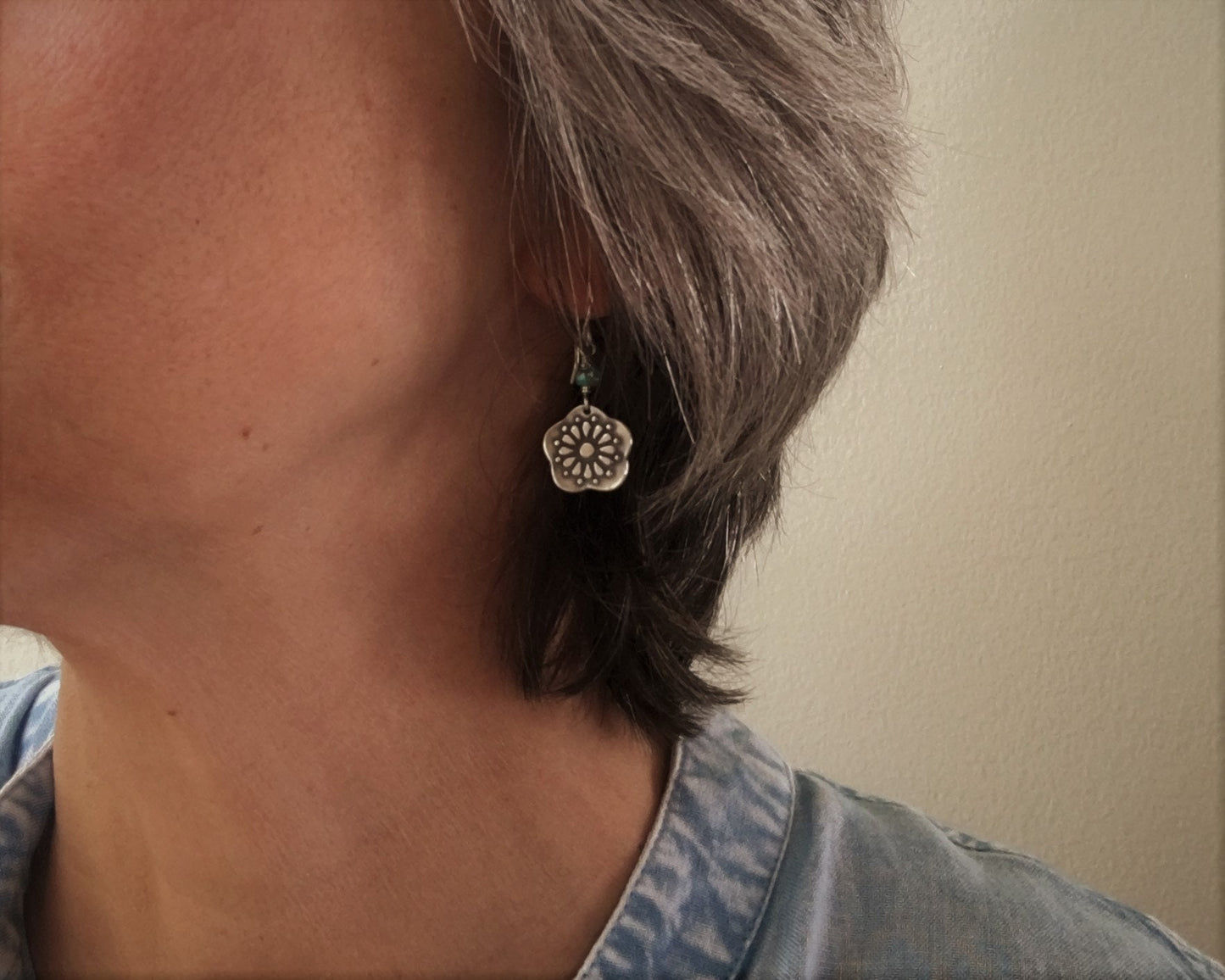 Southwestern style silver & turquoise floral earrings