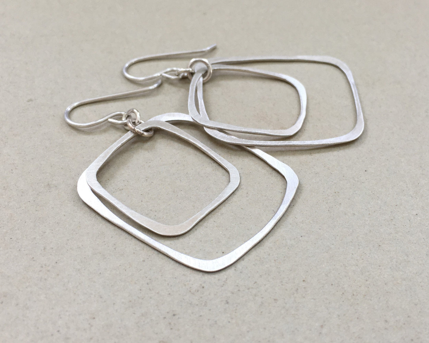 Silver double rectangle hoops in brushed satin finish