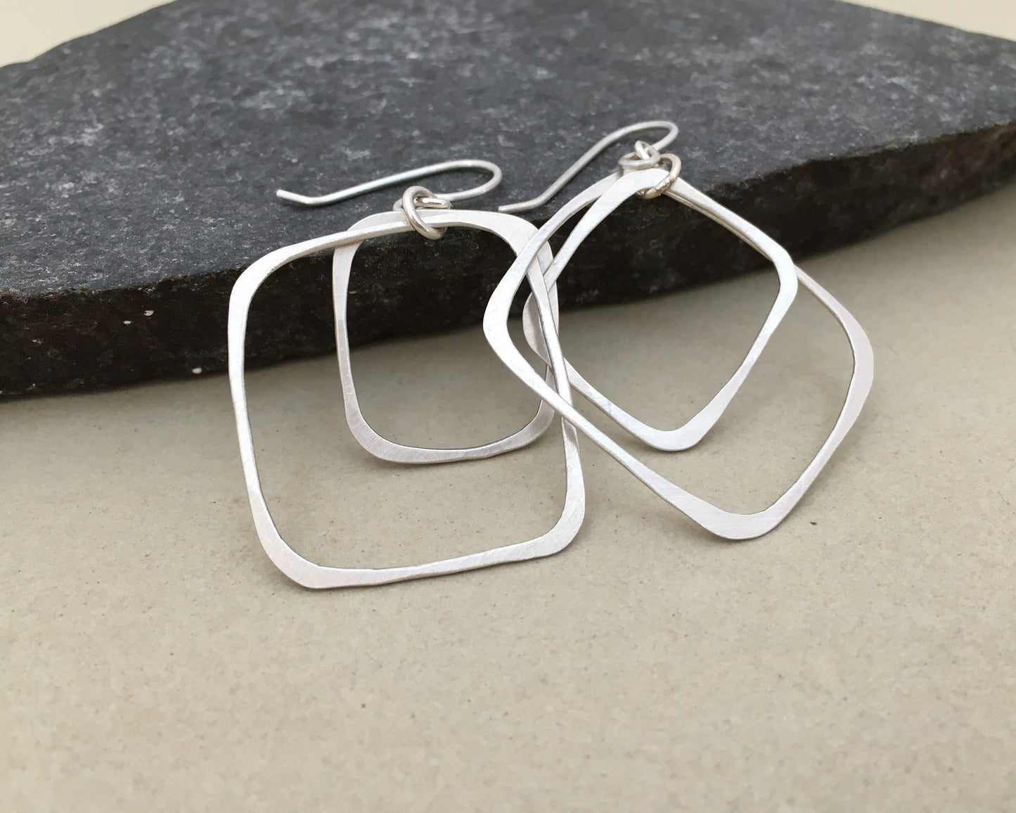 Silver double rectangle hoops in brushed satin finish