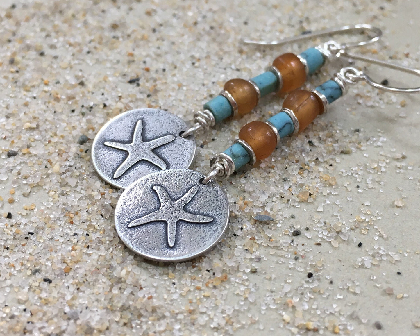 Silver starfish earrings with blue & yellow bead stack