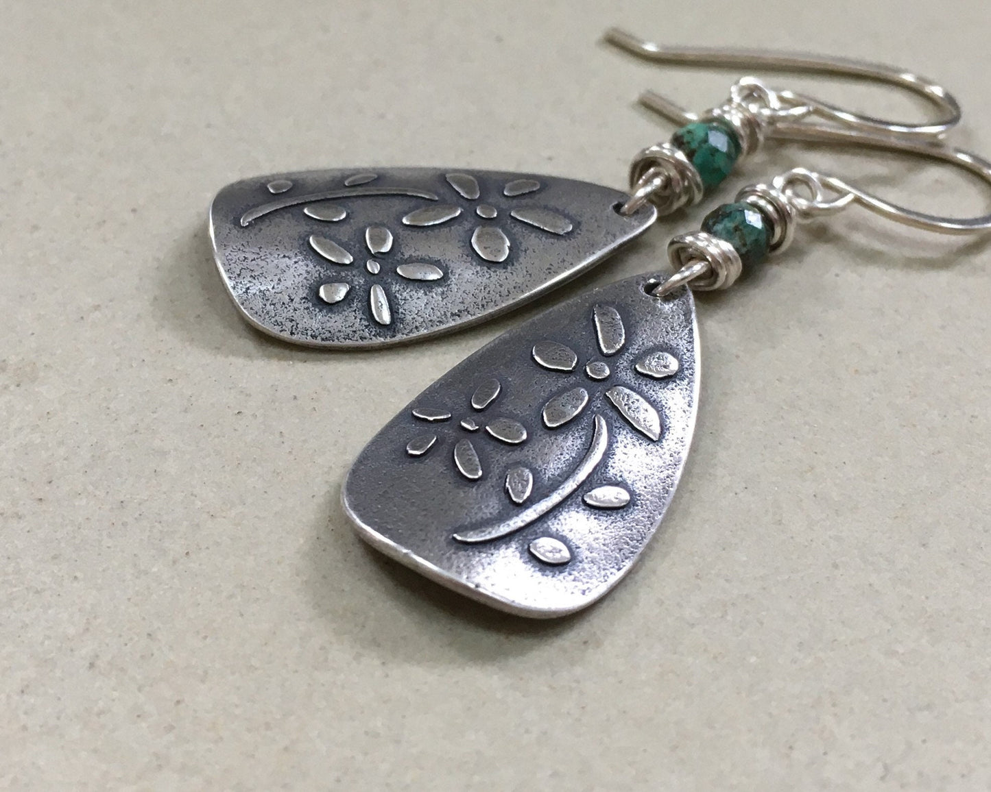 Bohemian flower earrings in oxidized sterling silver with African turquoise