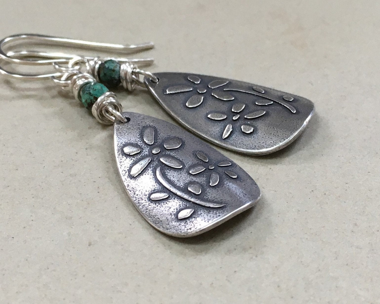 Bohemian flower earrings in oxidized sterling silver with African turquoise