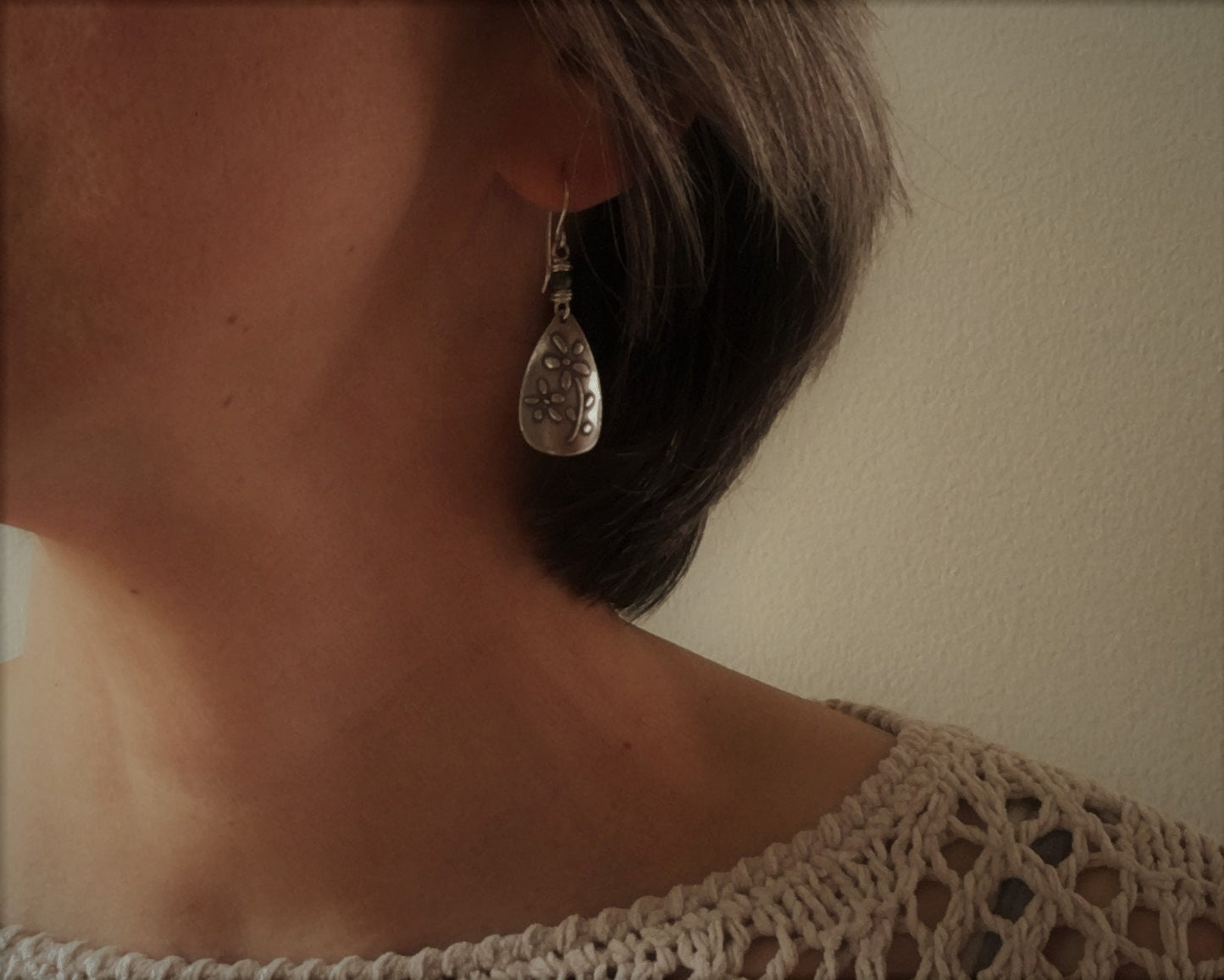 Bohemian flower earrings in oxidized sterling silver with African turquoise
