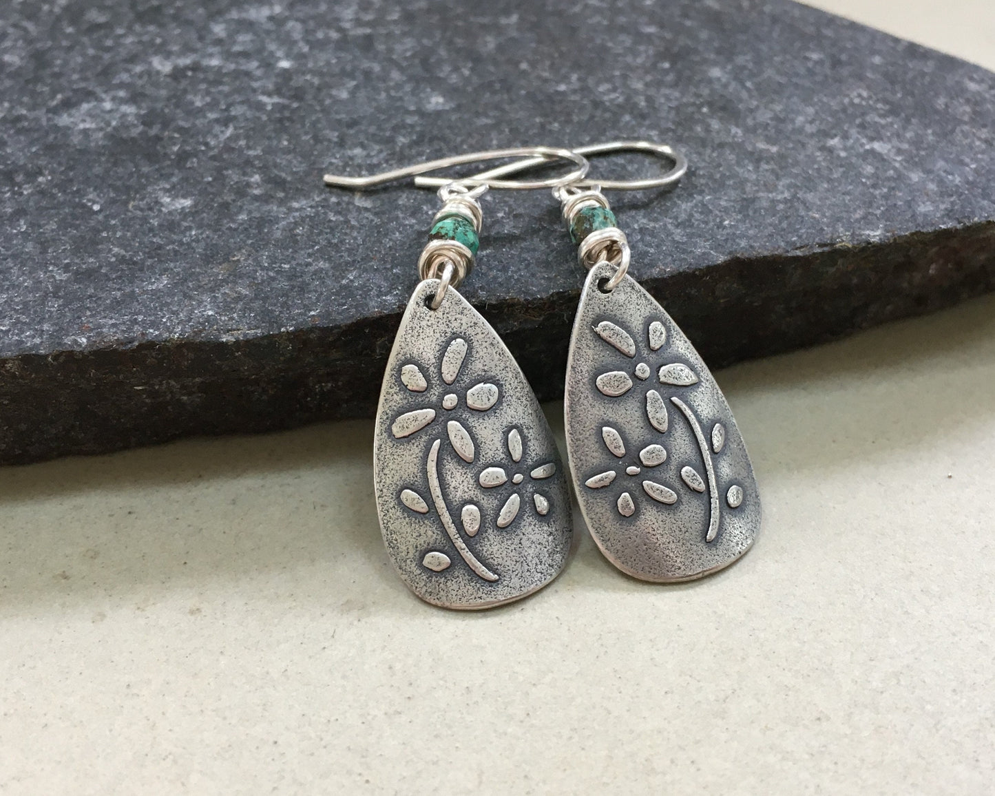 Bohemian flower earrings in oxidized sterling silver with African turquoise