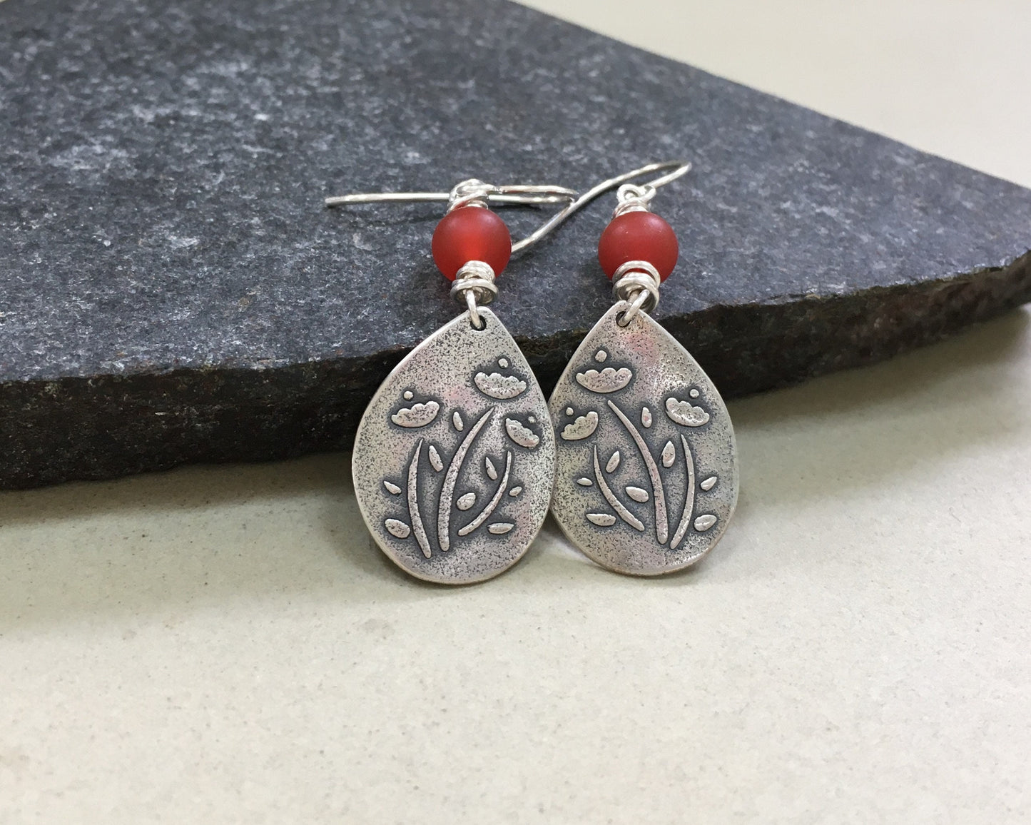 Poppy earrings in oxidized sterling silver with red carnelian beads