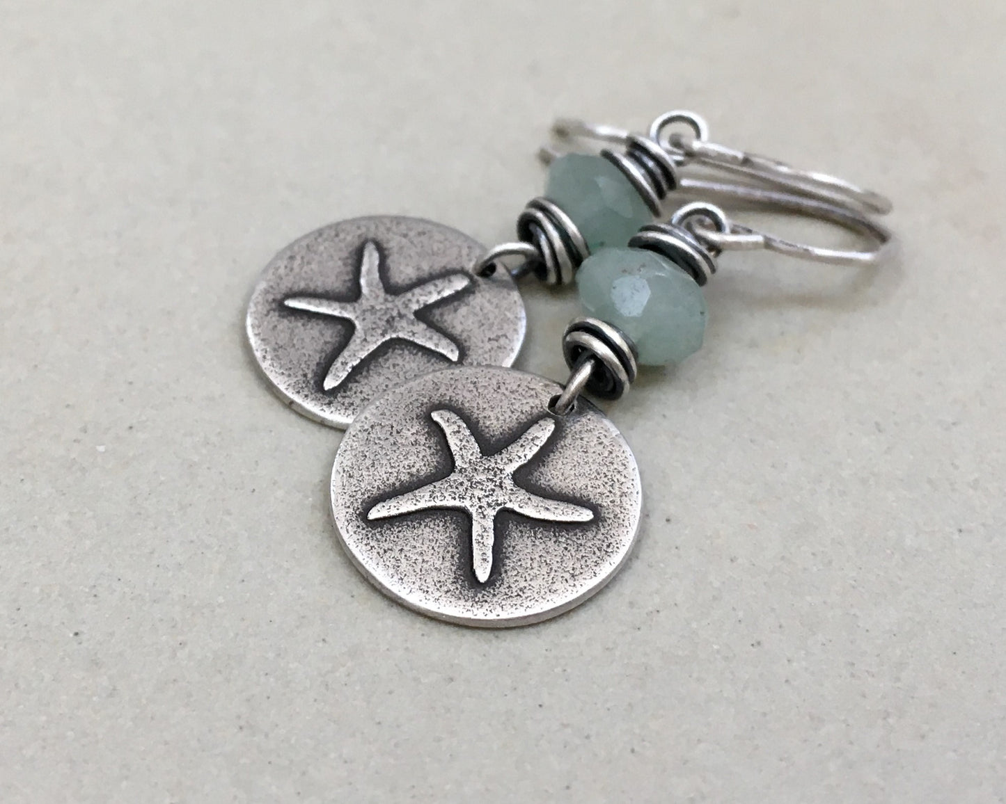 Beachy starfish earrings with seafoam green aventurine