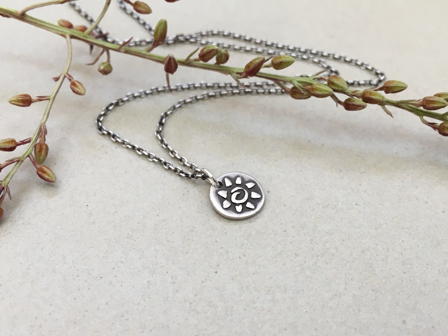 Tiny tribal style sun necklace in oxidized sterling silver
