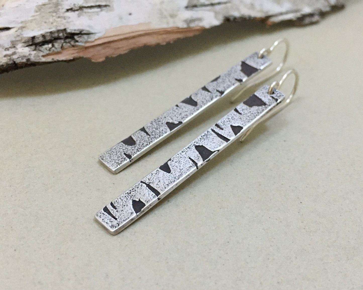Birch bark earrings in oxidized sterling silver