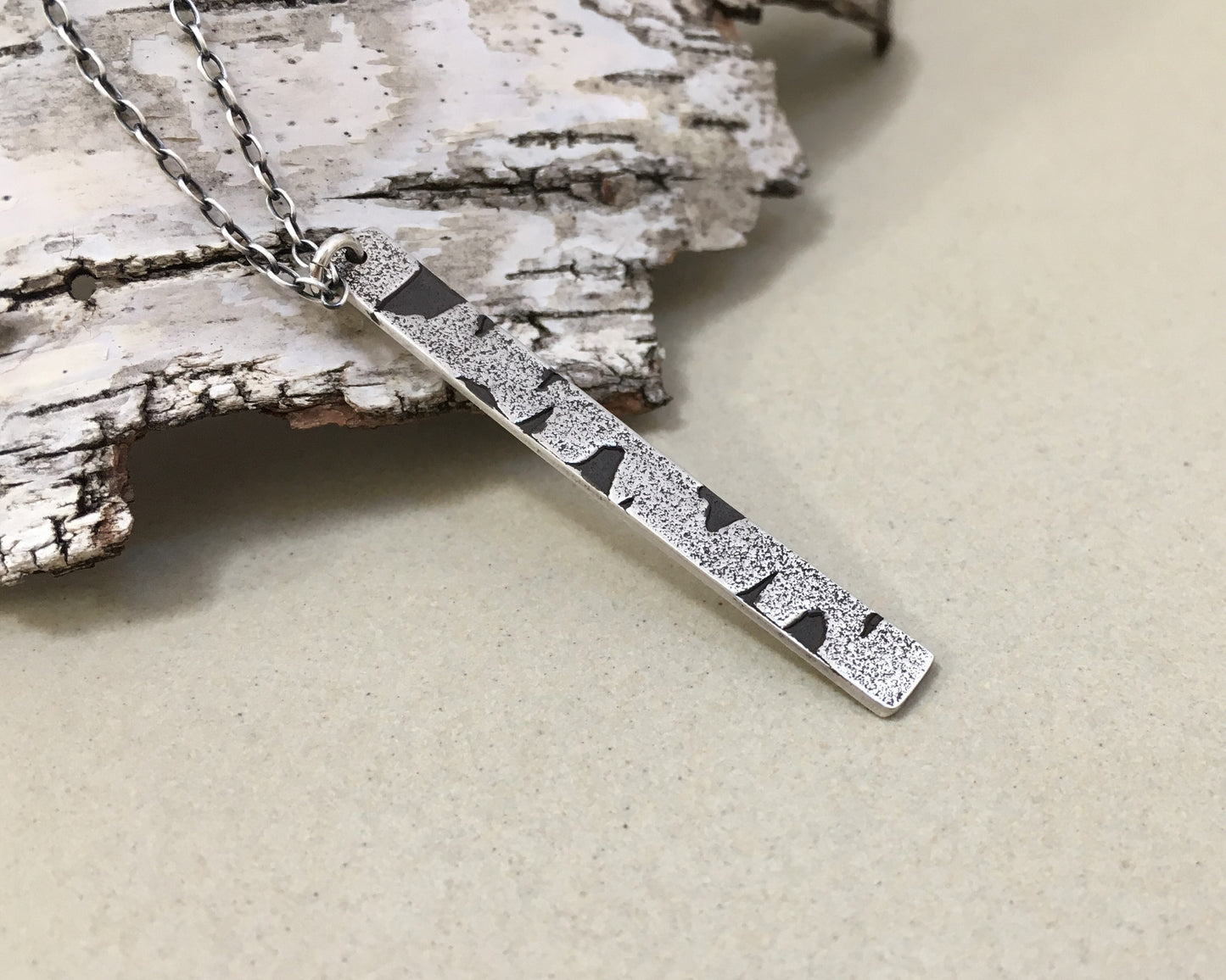 Silver birch bark necklace in oxidized sterling silver
