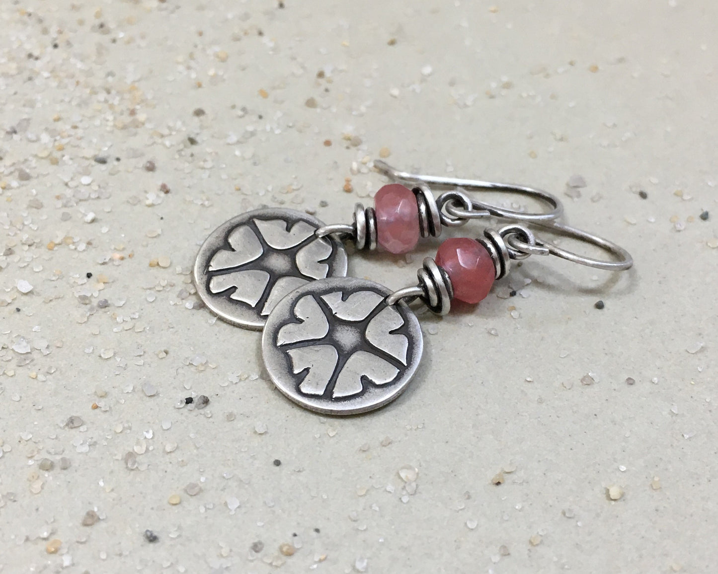 Pink petunia earrings in sterling silver with cherry quartz