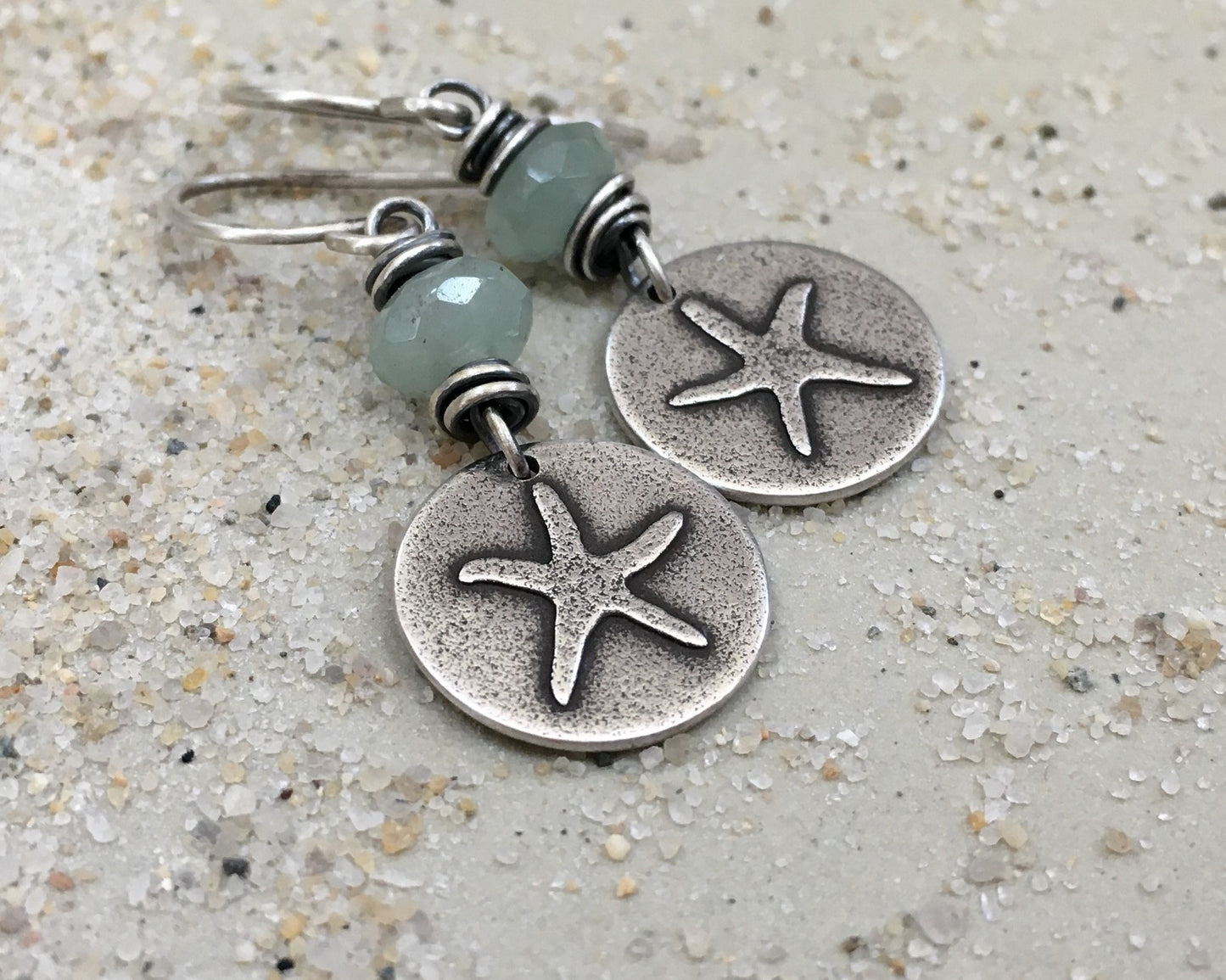 Beachy starfish earrings with seafoam green aventurine