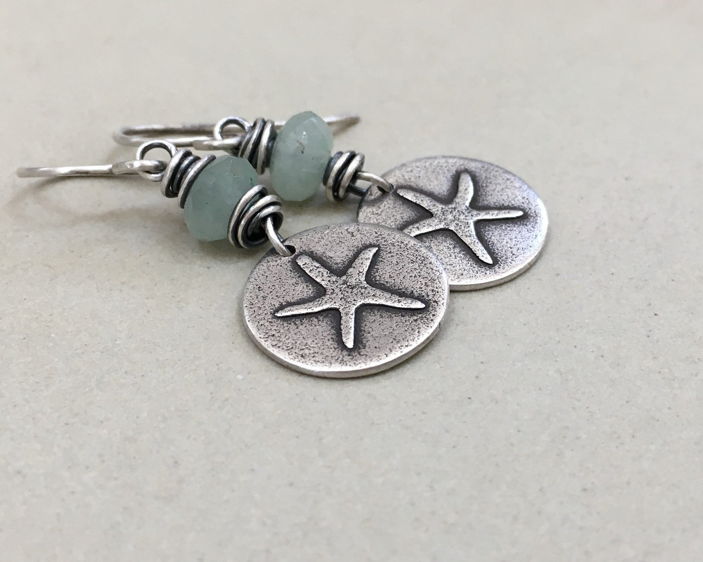 Beachy starfish earrings with seafoam green aventurine
