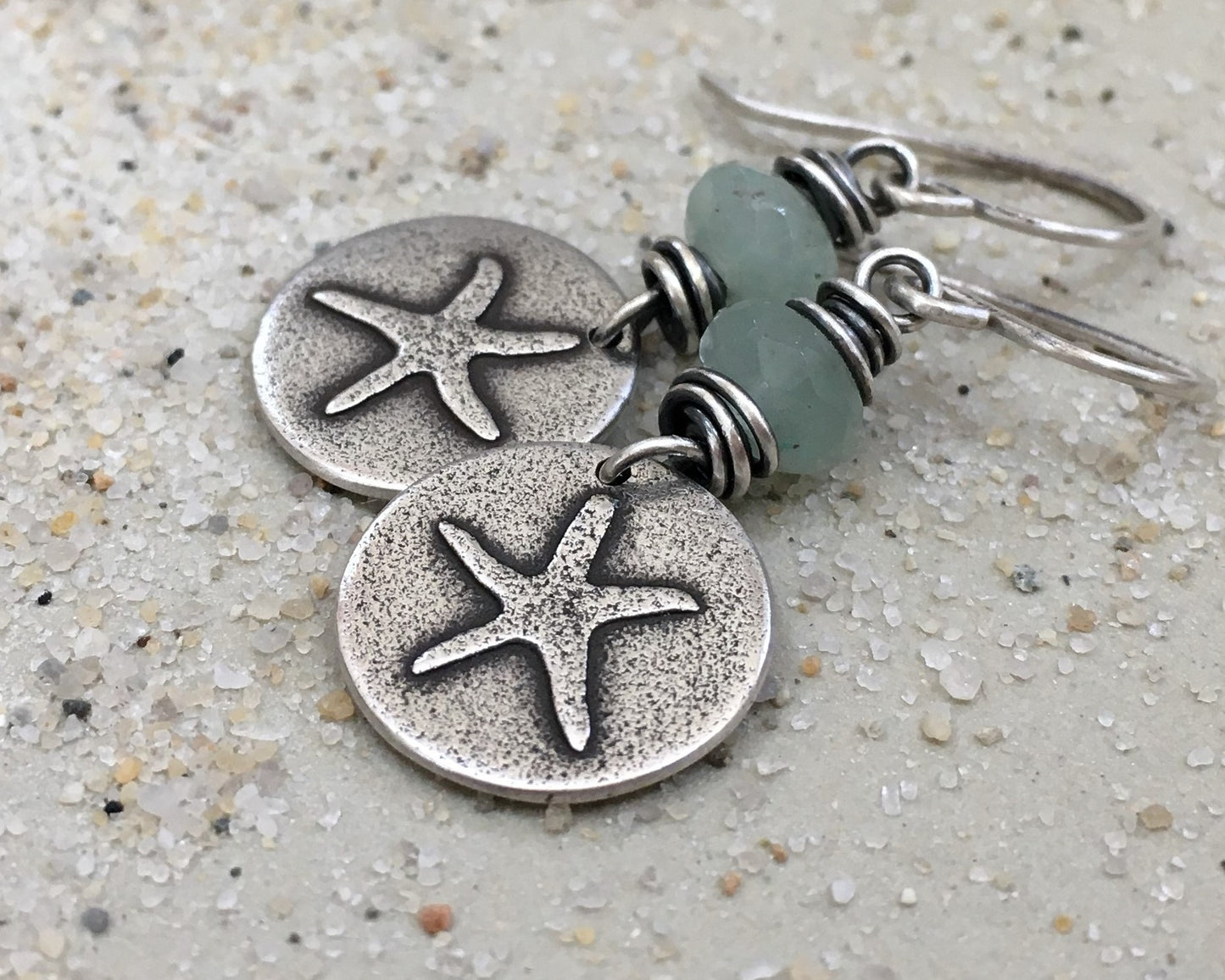 Beachy starfish earrings with seafoam green aventurine