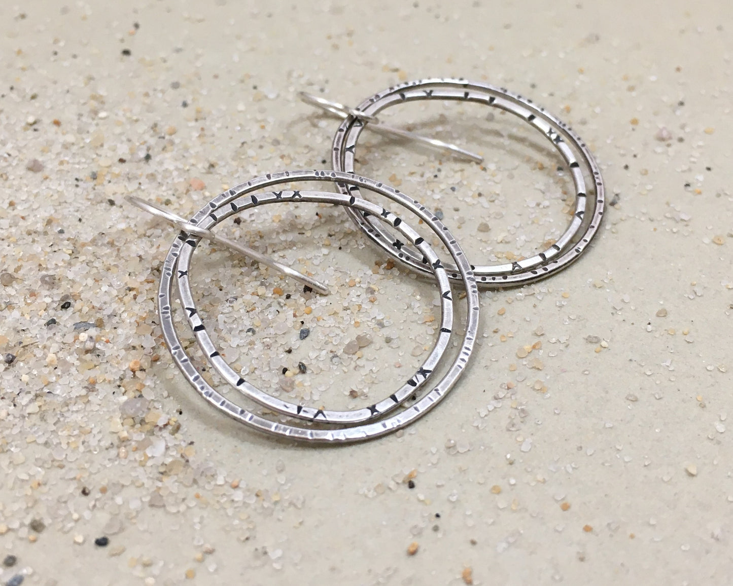 Double Irregular textured hoops in oxidized sterling silver