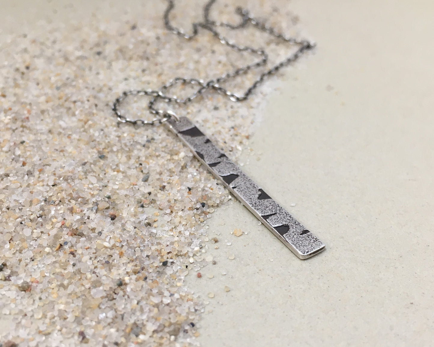 Silver birch bark necklace in oxidized sterling silver
