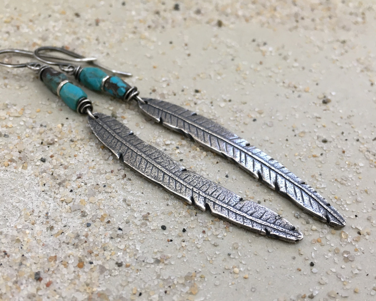 Rustic boho silver feather earrings with turquoise
