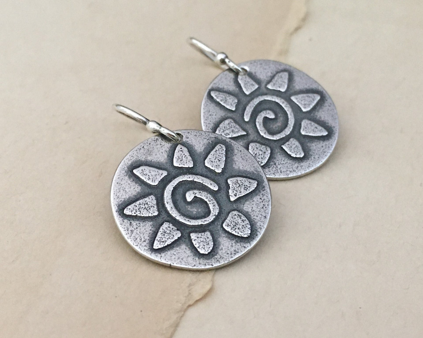 Primitive sun earrings in oxidized sterling silver