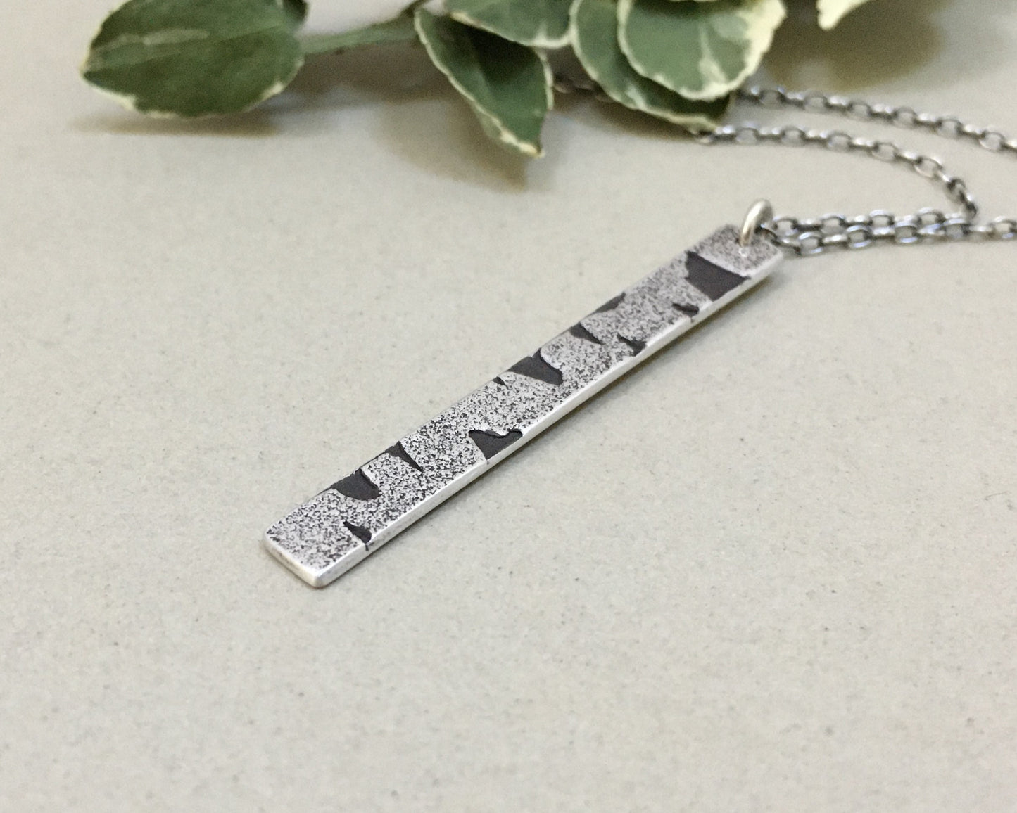 Silver birch bark necklace in oxidized sterling silver