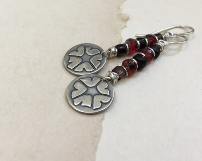 Springtime petunia earrings in silver with red & purple bead stack