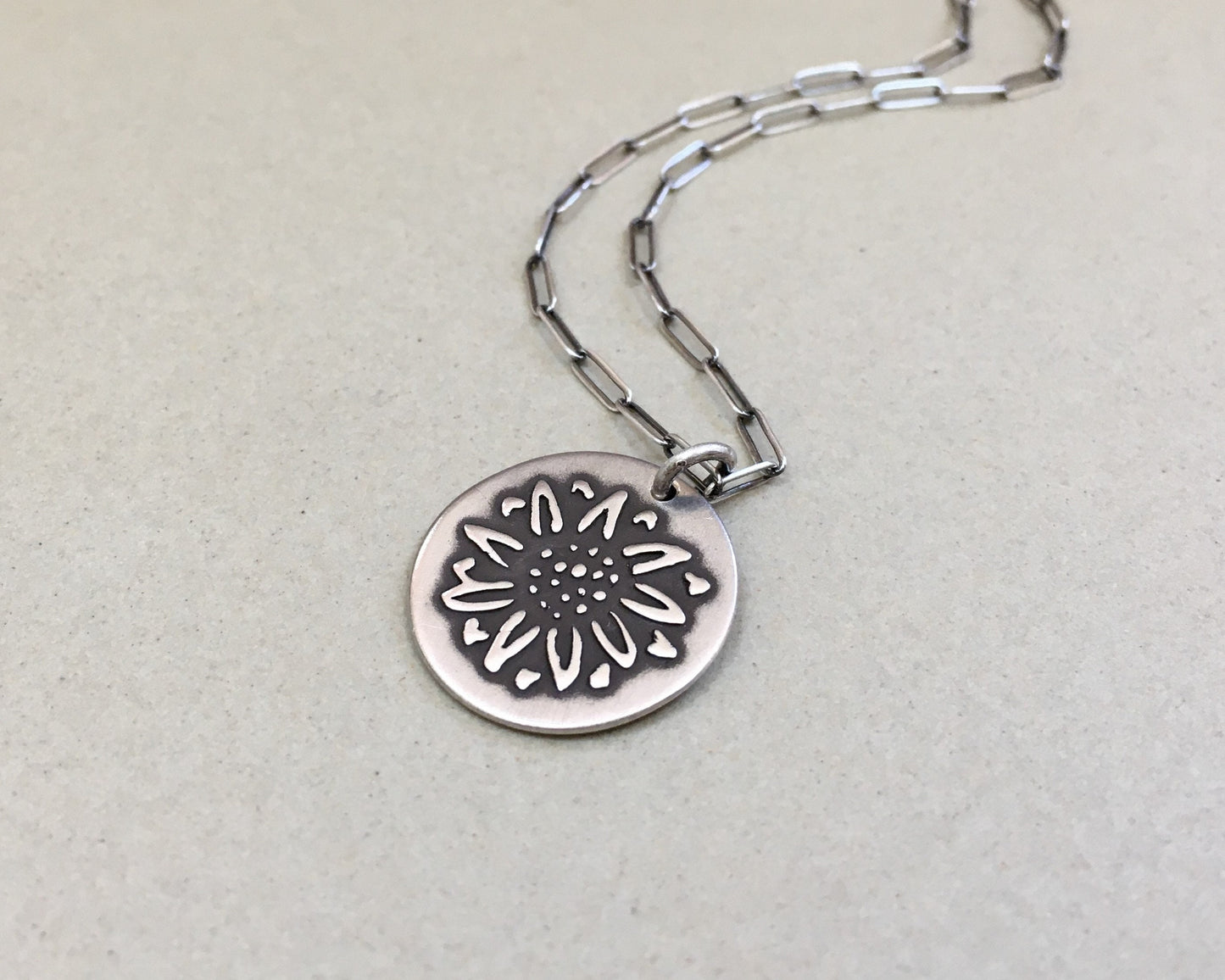 Rustic sunflower necklace in oxidized sterling silver