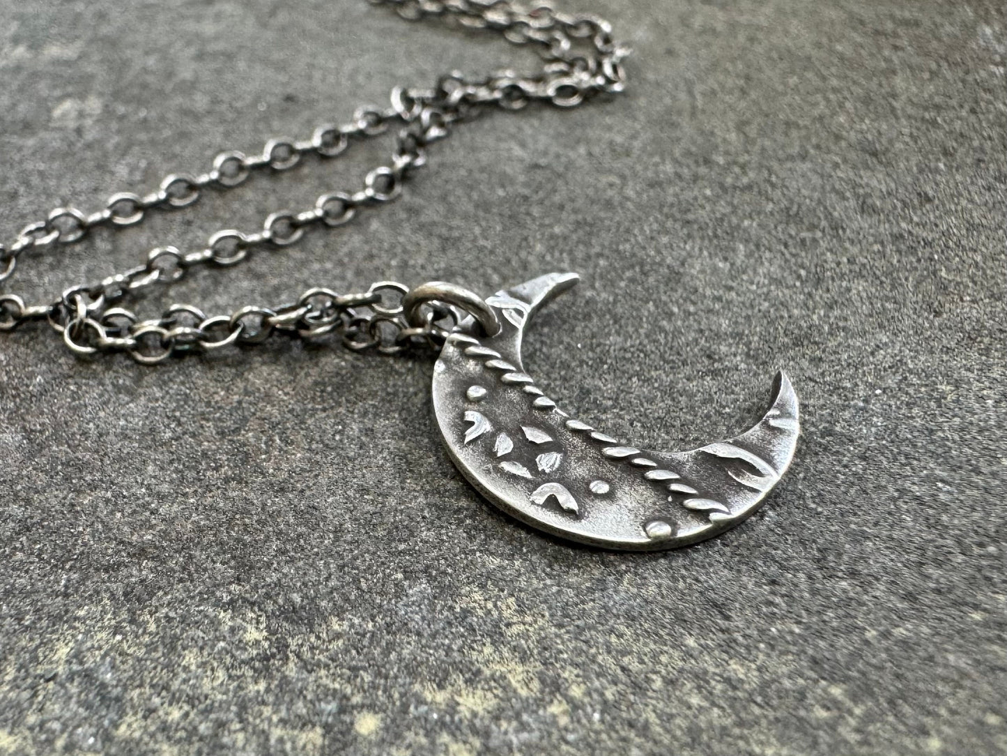Small silver rustic crescent moon necklace