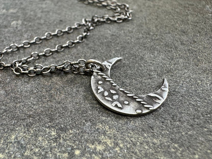 Small silver rustic crescent moon necklace