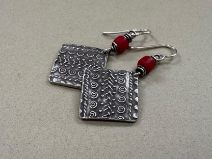 Rustic tribal style dangle earrings with red African trade bead