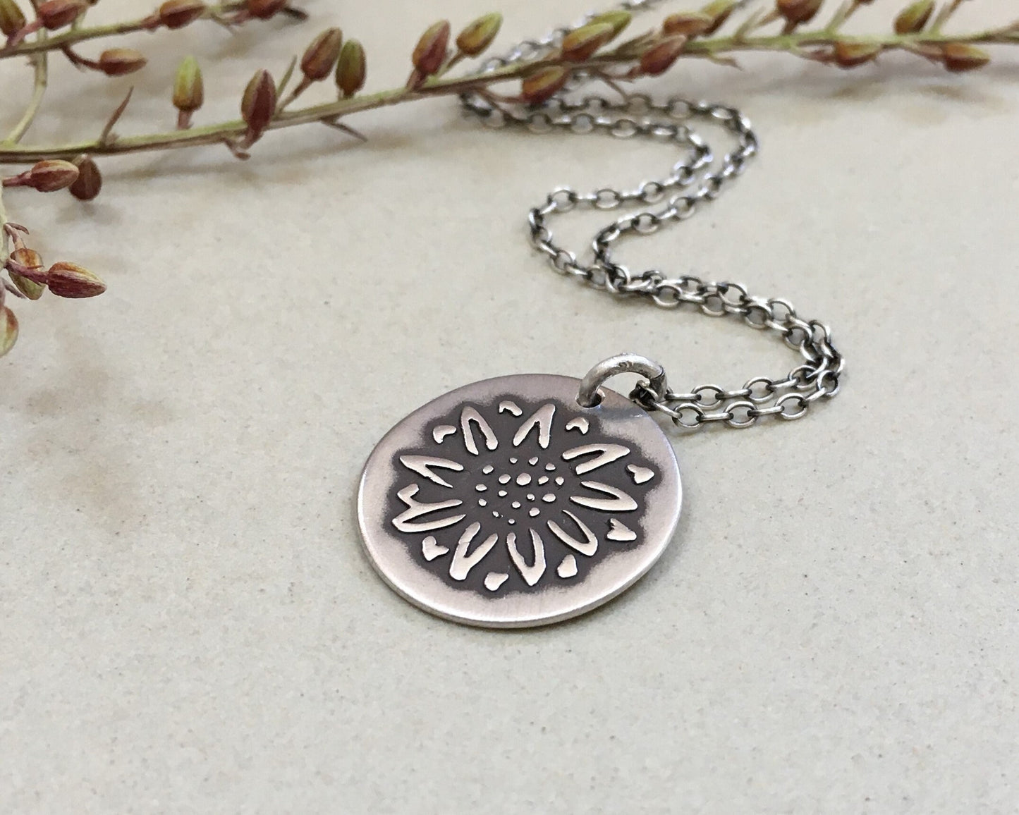 Rustic sunflower necklace in oxidized sterling silver
