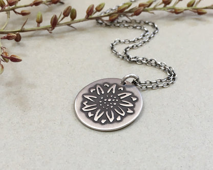 Rustic sunflower necklace in oxidized sterling silver
