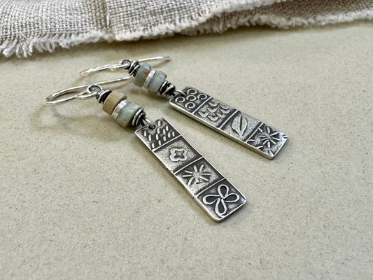Silver quilt panel earrings with ocean jasper beads