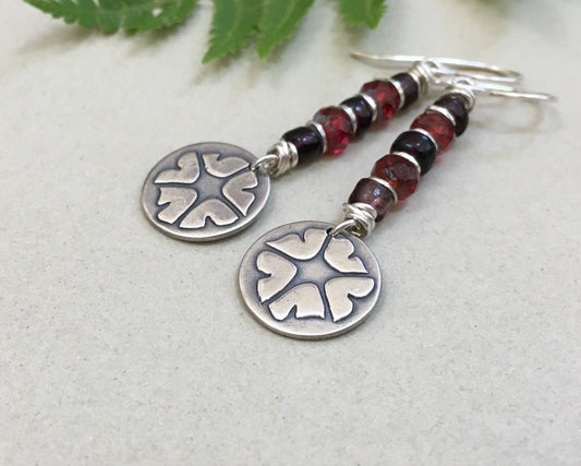 Springtime petunia earrings in silver with red & purple bead stack